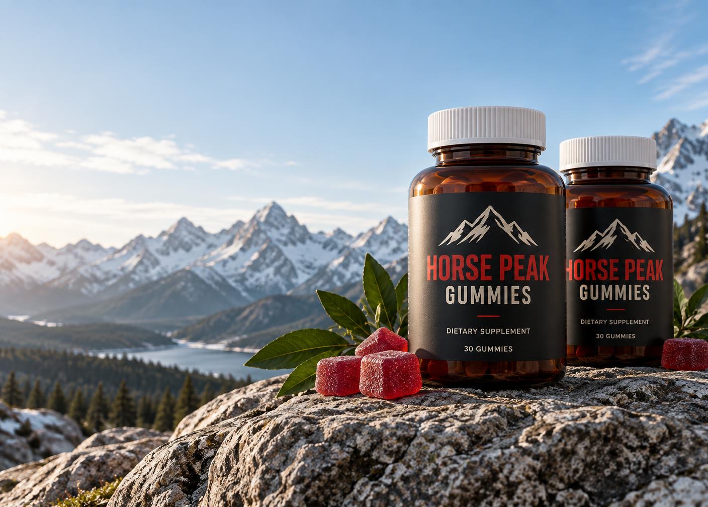 Horse Peak Gummies bottles and red gummies on a mountain overlook